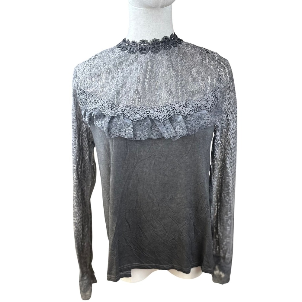 POL NWT SZ SM Lace Mock Neck Long Sleeve Blouse Gray Women's Top
